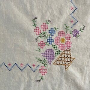 Vintage Cross Stitch Floral Basket Small Table Cloth 31x27 Gingham Check Cottage